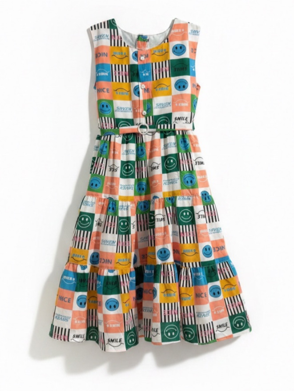 Sleeveless Multicolor Patchwork Asymmetrical Dress with Smiley Print